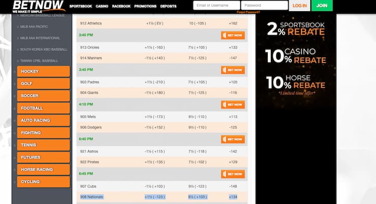 A snapshot of BetNow, one of our top rated Washington DC sports betting sites.